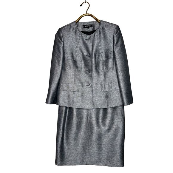 Kasper Size 12 P Silver Skirt Suit Full Button Front Pocket Jacket Wedding - Picture 2 of 12